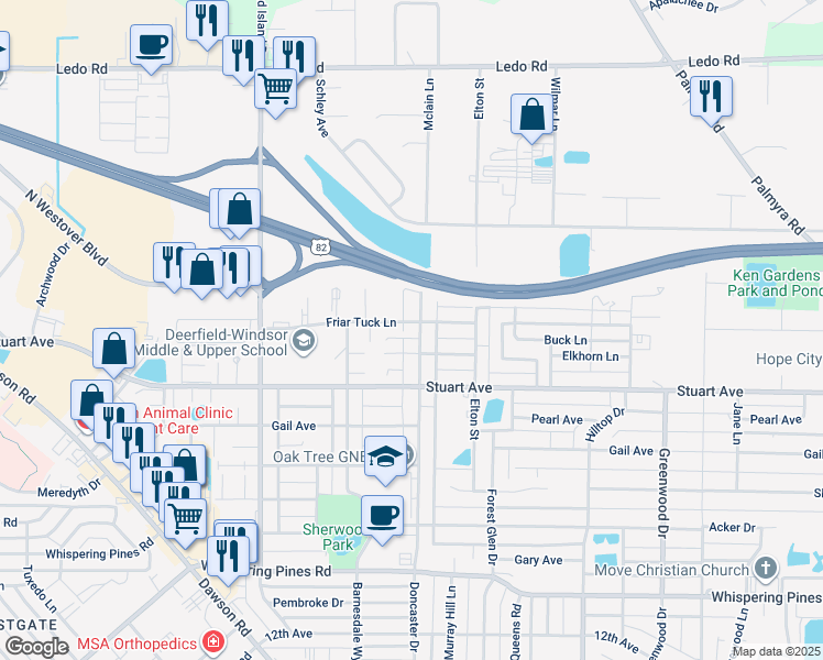 map of restaurants, bars, coffee shops, grocery stores, and more near 2605 Doncaster Drive in Albany