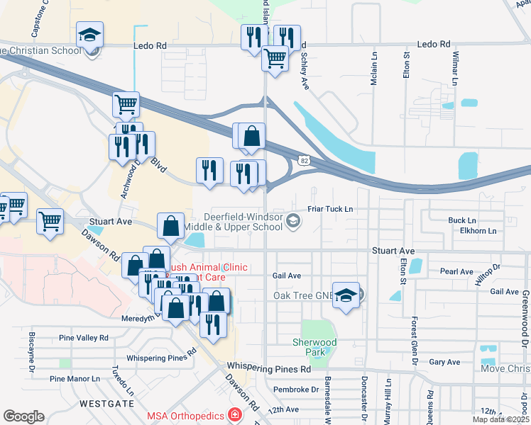 map of restaurants, bars, coffee shops, grocery stores, and more near 2399 Friar Tuck Lane in Albany