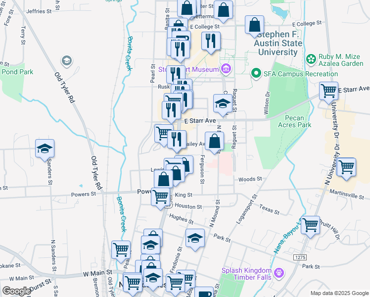 map of restaurants, bars, coffee shops, grocery stores, and more near 1214 North Street in Nacogdoches