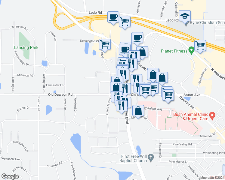 map of restaurants, bars, coffee shops, grocery stores, and more near 2602 Pointe North Boulevard in Albany