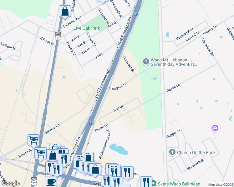 map of restaurants, bars, coffee shops, grocery stores, and more near 4001 Meyers Lane in Waco