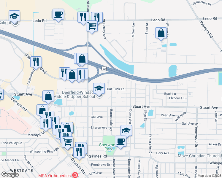 map of restaurants, bars, coffee shops, grocery stores, and more near 2300 Friar Tuck Lane in Albany