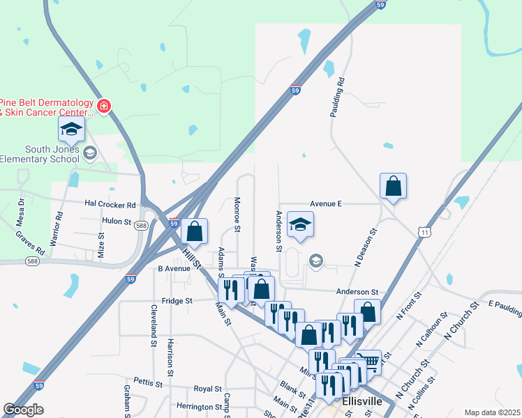 map of restaurants, bars, coffee shops, grocery stores, and more near 417 Washington St in Ellisville