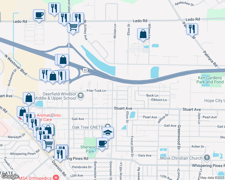 map of restaurants, bars, coffee shops, grocery stores, and more near 2605 Doncaster Drive in Albany