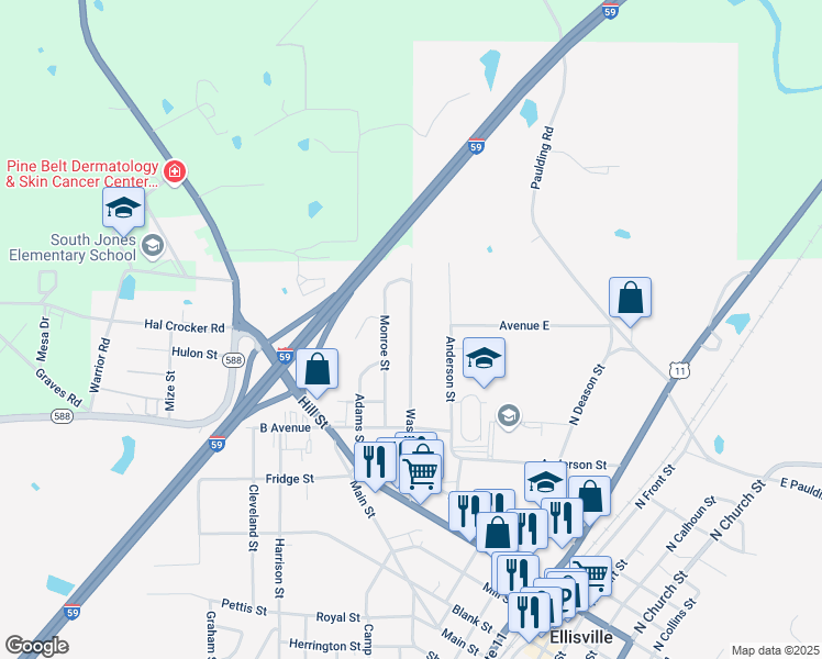 map of restaurants, bars, coffee shops, grocery stores, and more near 417 Washington St in Ellisville