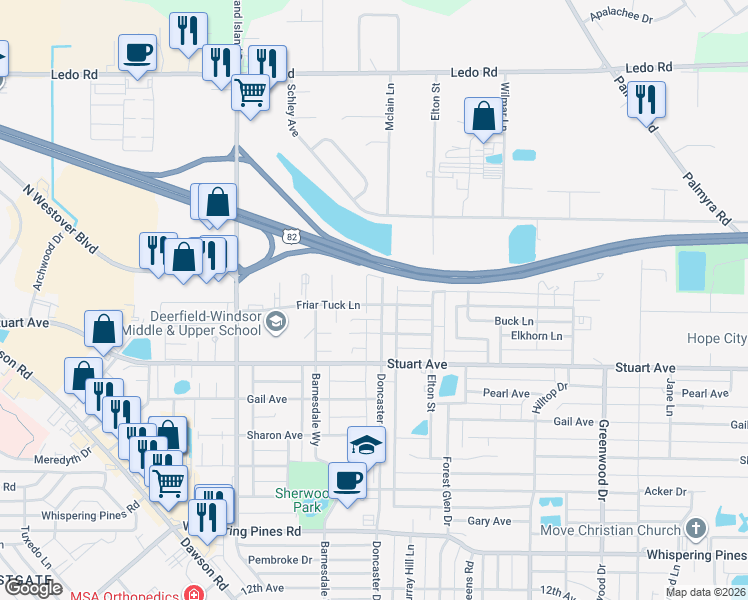map of restaurants, bars, coffee shops, grocery stores, and more near 2605 Doncaster Drive in Albany