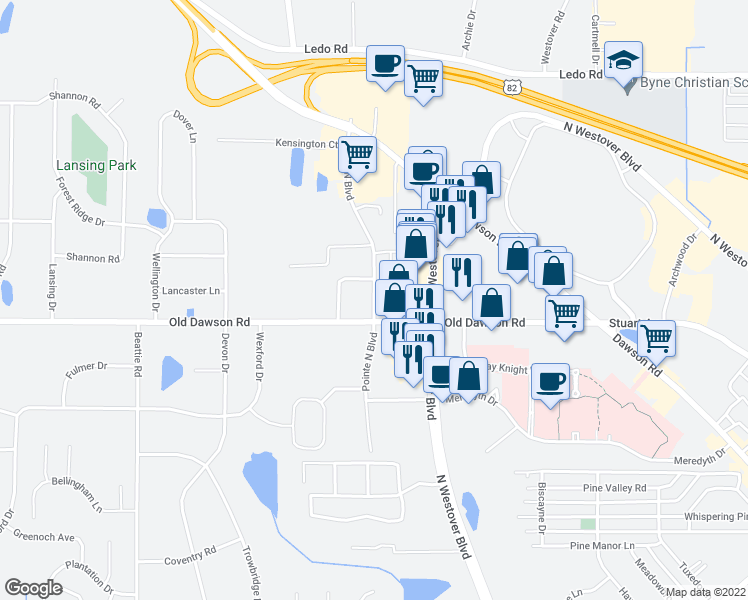 map of restaurants, bars, coffee shops, grocery stores, and more near 2606 Pointe North Boulevard in Albany