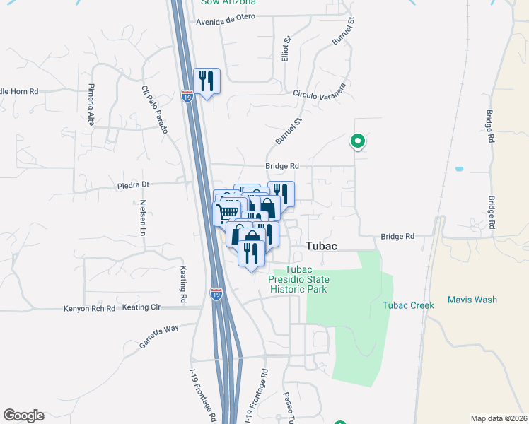 map of restaurants, bars, coffee shops, grocery stores, and more near 7 Camino Otero in Tubac