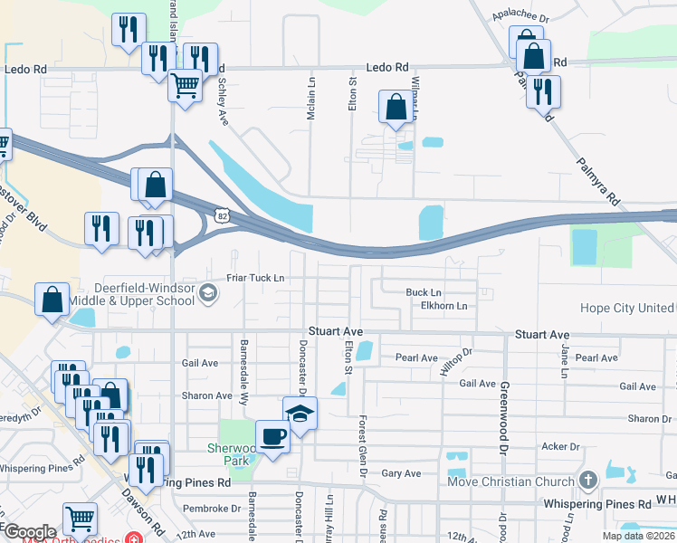 map of restaurants, bars, coffee shops, grocery stores, and more near 2203 Friar Tuck Lane in Albany