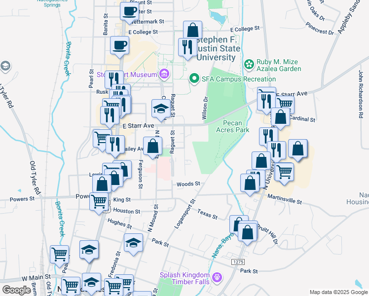 map of restaurants, bars, coffee shops, grocery stores, and more near 1278 Garner Street in Nacogdoches