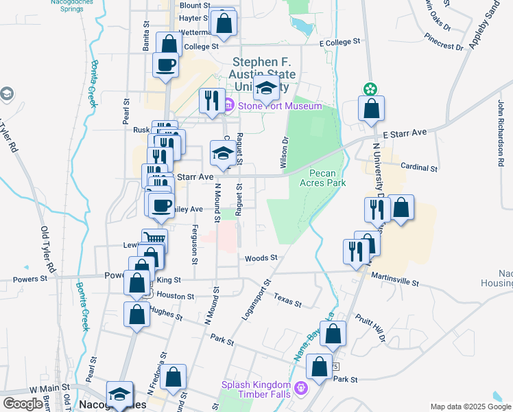 map of restaurants, bars, coffee shops, grocery stores, and more near 1200-1278 Garner Street in Nacogdoches