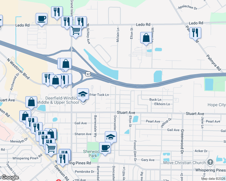 map of restaurants, bars, coffee shops, grocery stores, and more near 2605 Doncaster Drive in Albany
