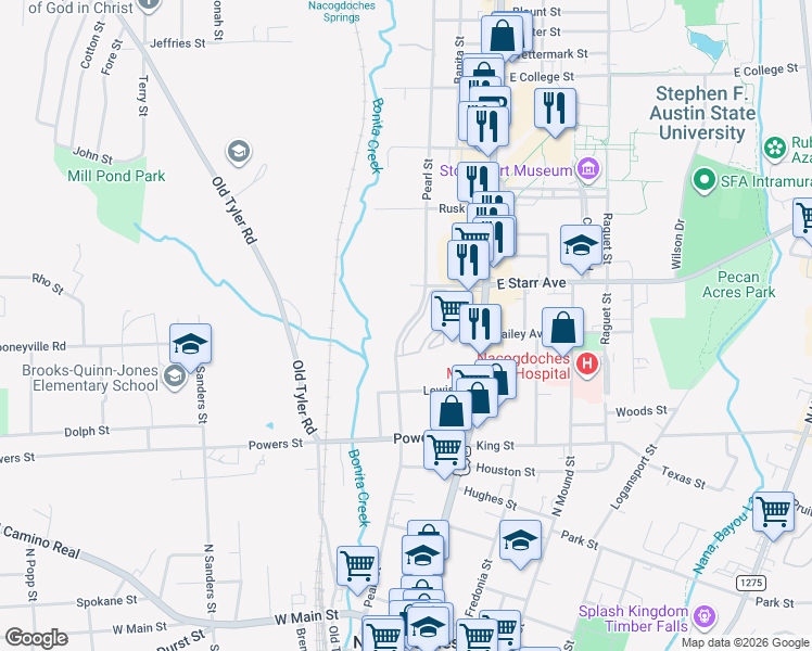 map of restaurants, bars, coffee shops, grocery stores, and more near 6 Pearl Street in Nacogdoches