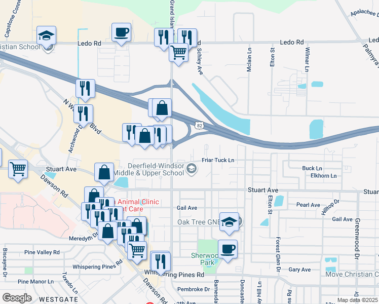 map of restaurants, bars, coffee shops, grocery stores, and more near 2343-2399 Friar Tuck Lane in Albany