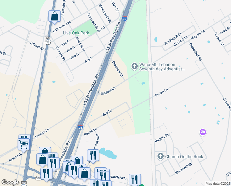 map of restaurants, bars, coffee shops, grocery stores, and more near 4001 Meyers Lane in Waco