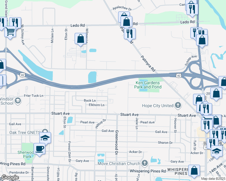 map of restaurants, bars, coffee shops, grocery stores, and more near 2514 Hilltop Drive in Albany