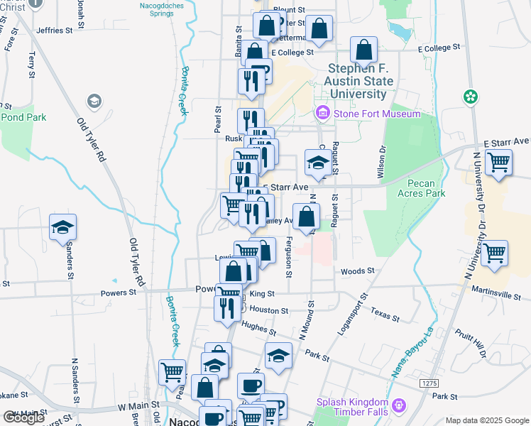 map of restaurants, bars, coffee shops, grocery stores, and more near 1214 North Street in Nacogdoches
