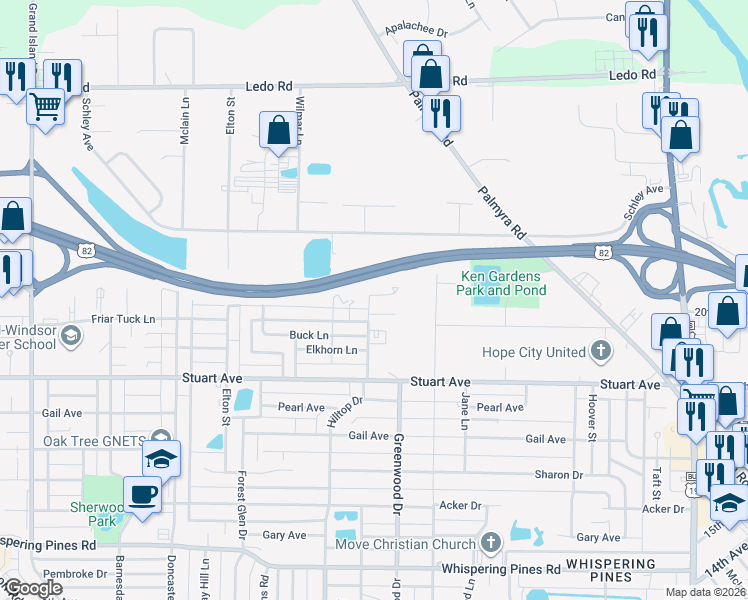 map of restaurants, bars, coffee shops, grocery stores, and more near 2531 Hilltop Drive in Albany