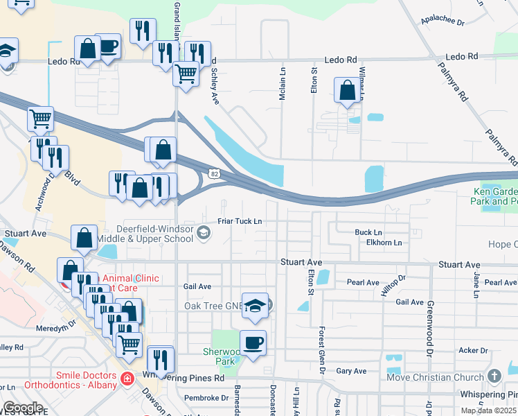 map of restaurants, bars, coffee shops, grocery stores, and more near 2608 Crossbow Court in Albany