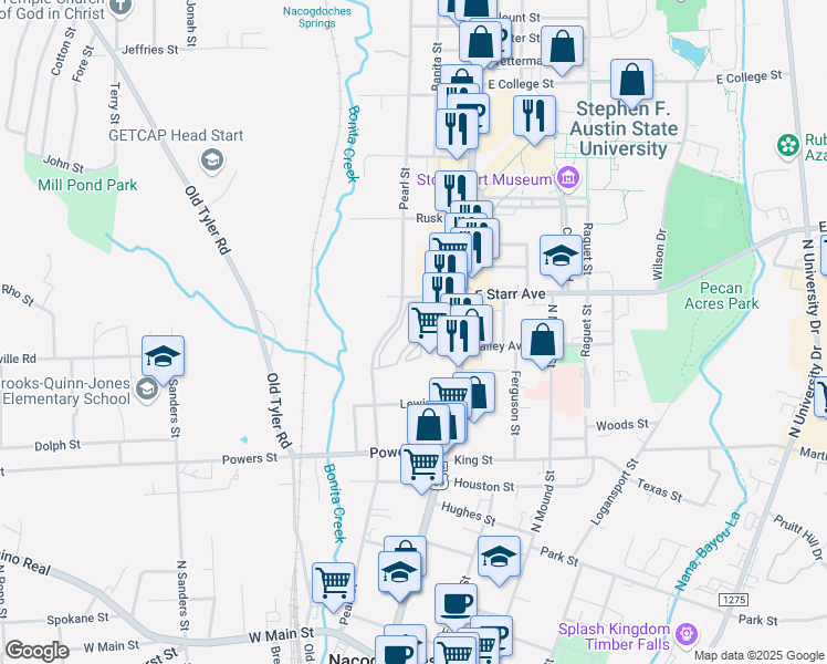 map of restaurants, bars, coffee shops, grocery stores, and more near 2 Pearl Street in Nacogdoches