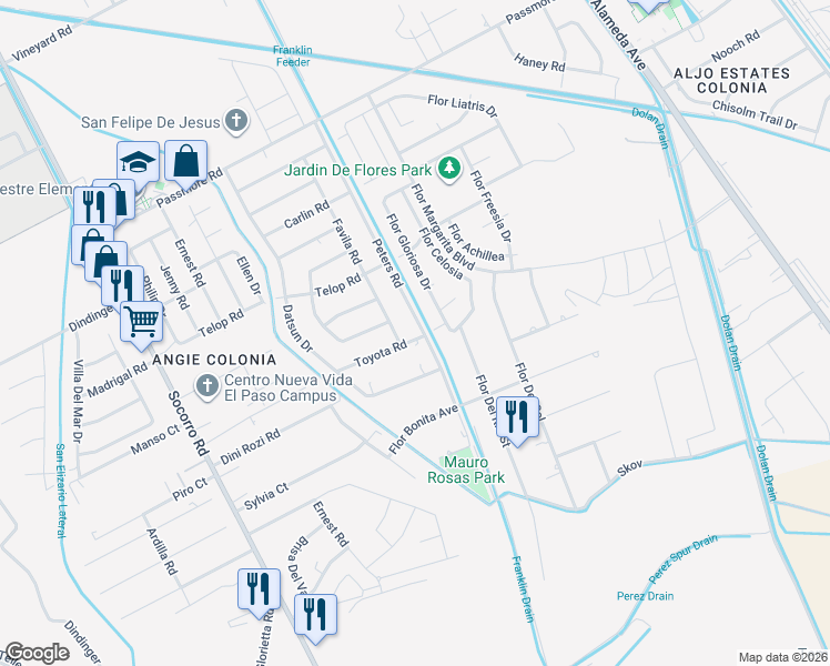 map of restaurants, bars, coffee shops, grocery stores, and more near 11625 Favila Road in Socorro