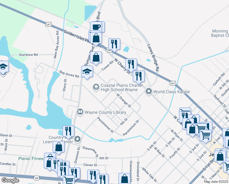 map of restaurants, bars, coffee shops, grocery stores, and more near 1365 West Orange Street in Jesup
