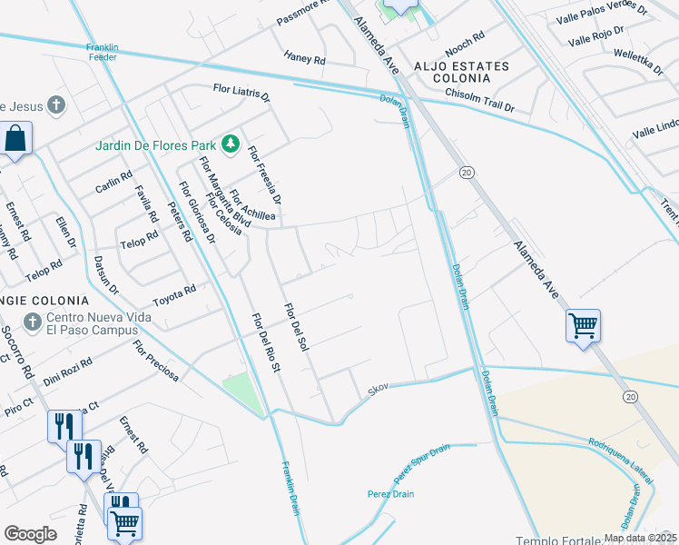 map of restaurants, bars, coffee shops, grocery stores, and more near 220 Flor Blanca in Socorro