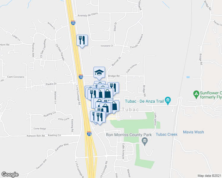 map of restaurants, bars, coffee shops, grocery stores, and more near 24 Burruel Street in Tubac