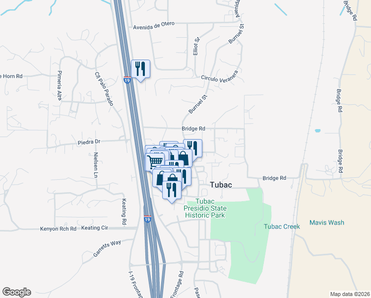 map of restaurants, bars, coffee shops, grocery stores, and more near 10 Calle Valenzuela in Tubac