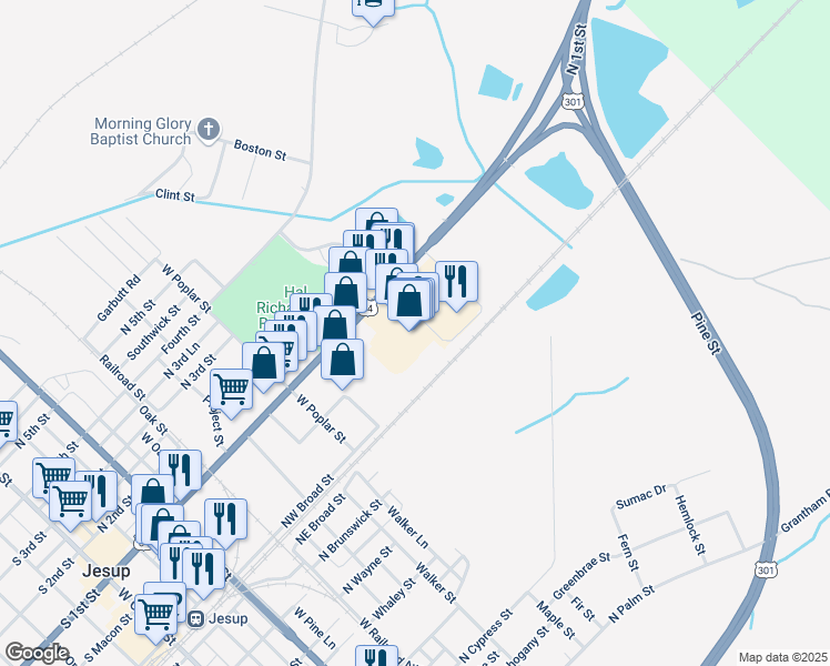 map of restaurants, bars, coffee shops, grocery stores, and more near 1058 North Macon Street in Jesup