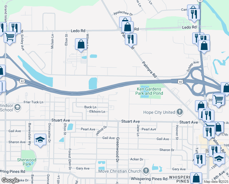 map of restaurants, bars, coffee shops, grocery stores, and more near 2531 Hilltop Drive in Albany