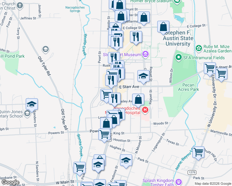 map of restaurants, bars, coffee shops, grocery stores, and more near 1455-1473 U.S. 59F Business in Nacogdoches