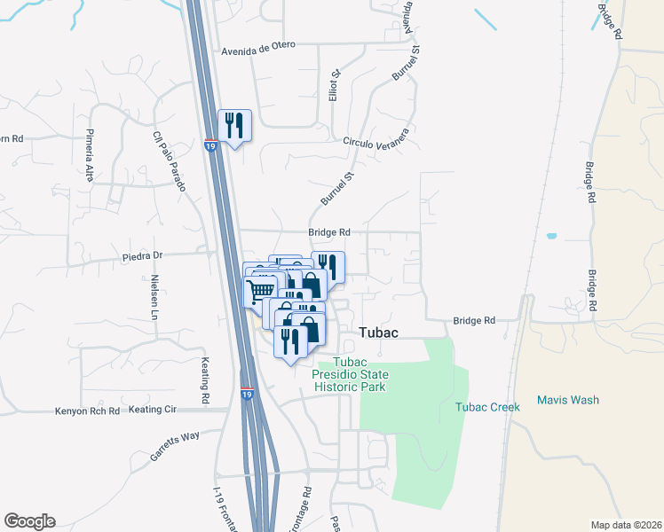 map of restaurants, bars, coffee shops, grocery stores, and more near 27 Burruel Street in Tubac