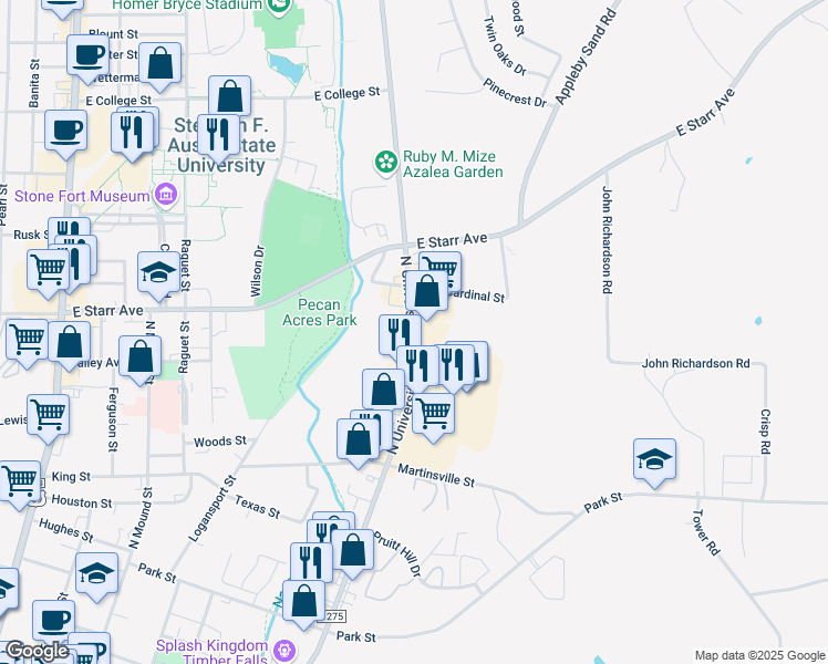 map of restaurants, bars, coffee shops, grocery stores, and more near 1420 North University Drive in Nacogdoches