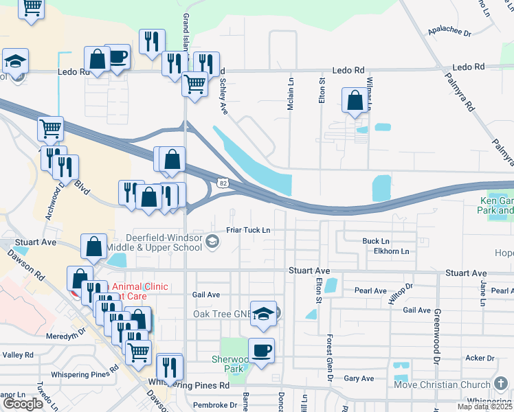 map of restaurants, bars, coffee shops, grocery stores, and more near 2608 Crossbow Court in Albany