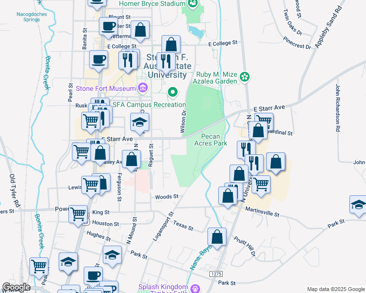 map of restaurants, bars, coffee shops, grocery stores, and more near 728 East Starr Avenue in Nacogdoches