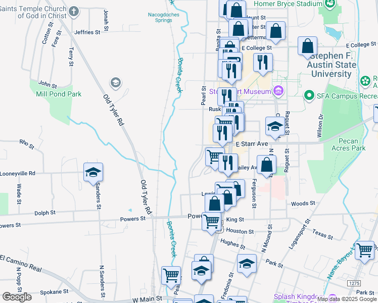 map of restaurants, bars, coffee shops, grocery stores, and more near 1333 Pearl Street in Nacogdoches