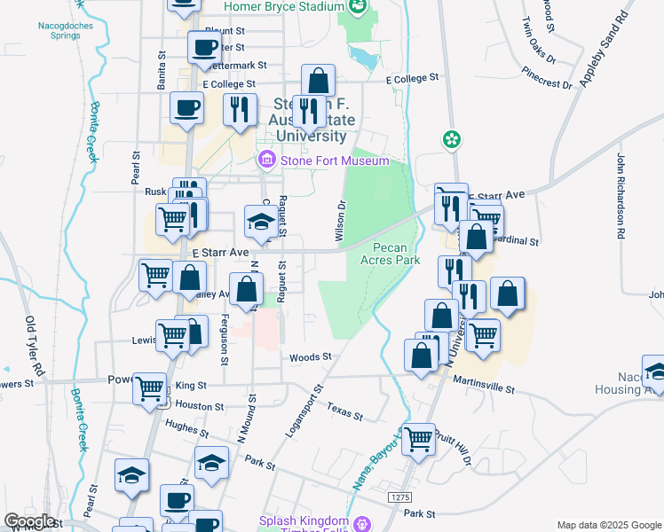 map of restaurants, bars, coffee shops, grocery stores, and more near 728 East Starr Avenue in Nacogdoches