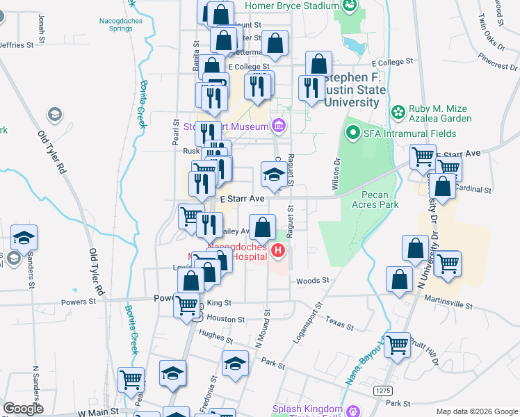 map of restaurants, bars, coffee shops, grocery stores, and more near 1417 North Mound Street in Nacogdoches