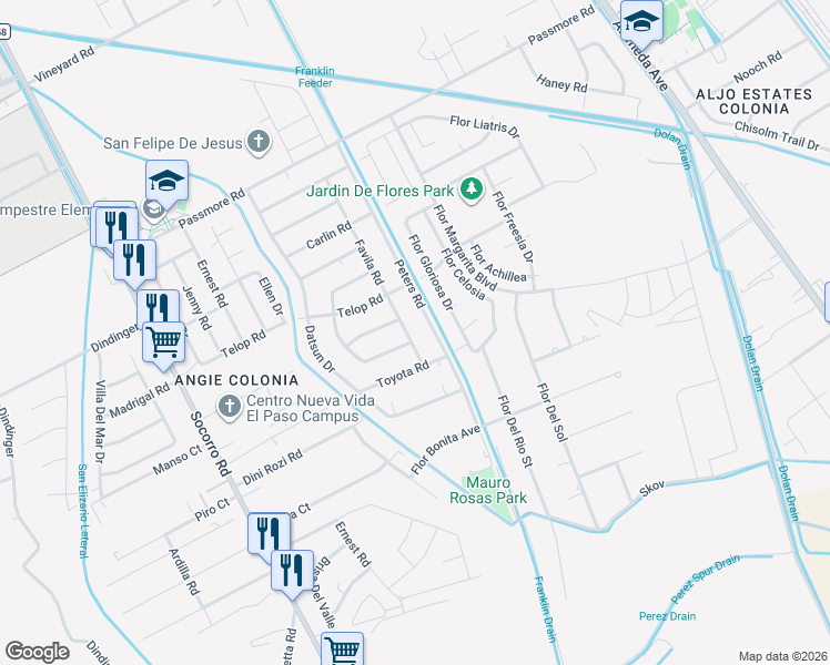 map of restaurants, bars, coffee shops, grocery stores, and more near 11625 Favila Road in Socorro