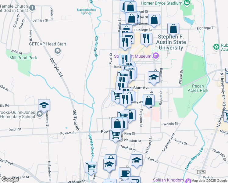 map of restaurants, bars, coffee shops, grocery stores, and more near 2 Pearl Street in Nacogdoches