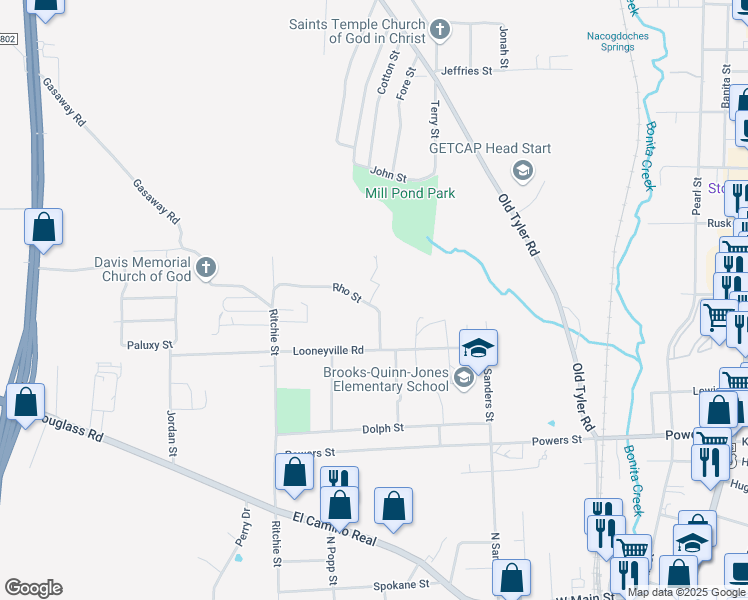 map of restaurants, bars, coffee shops, grocery stores, and more near 1328 Rho Street in Nacogdoches
