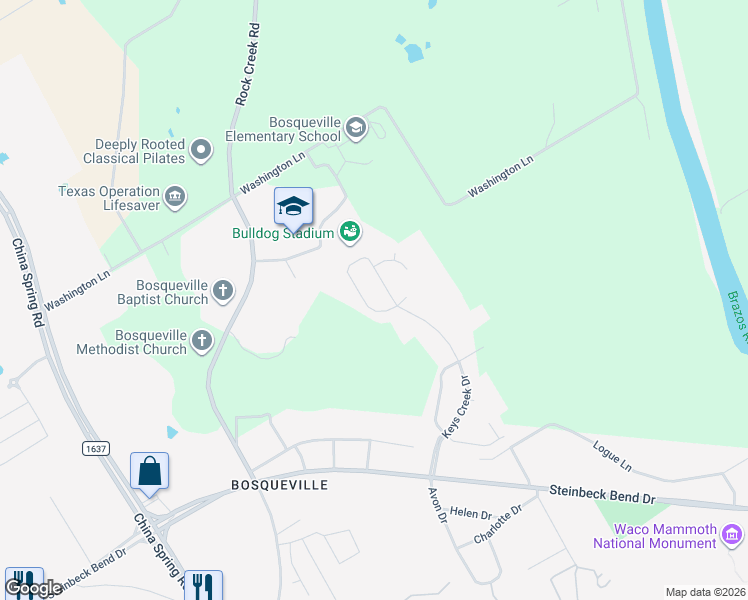 map of restaurants, bars, coffee shops, grocery stores, and more near 121 Creek Ridge Drive in Waco