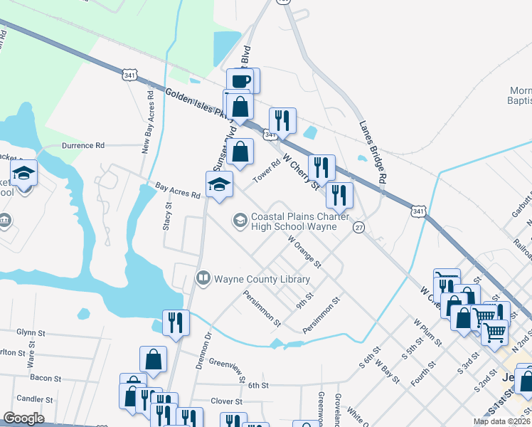 map of restaurants, bars, coffee shops, grocery stores, and more near 1398 West Orange Street in Jesup