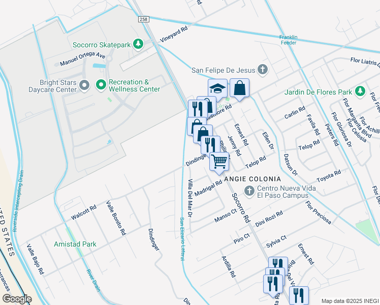 map of restaurants, bars, coffee shops, grocery stores, and more near 633 Dindinger in Socorro