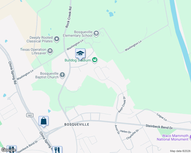 map of restaurants, bars, coffee shops, grocery stores, and more near 124 Creek Ridge Drive in Waco