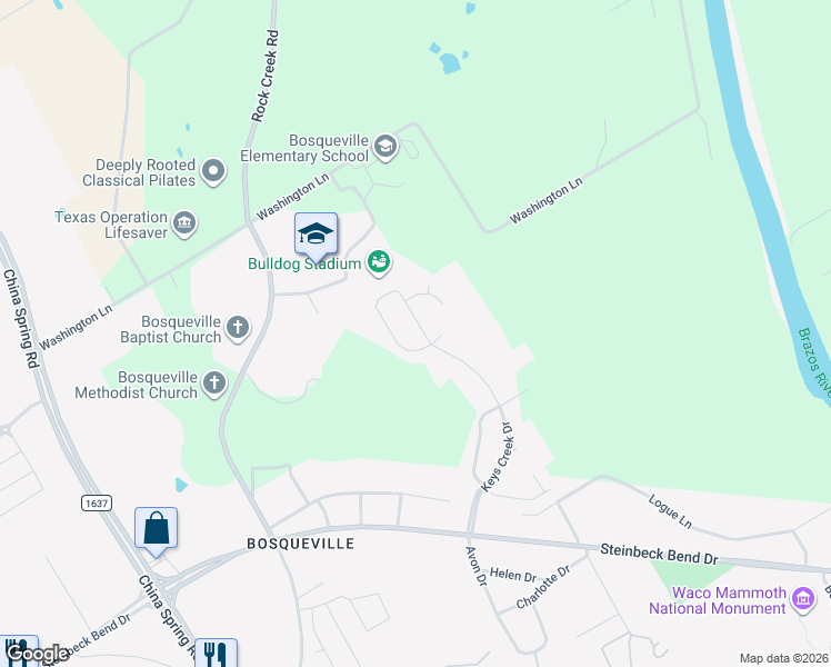 map of restaurants, bars, coffee shops, grocery stores, and more near 121 Creek Ridge Drive in Waco