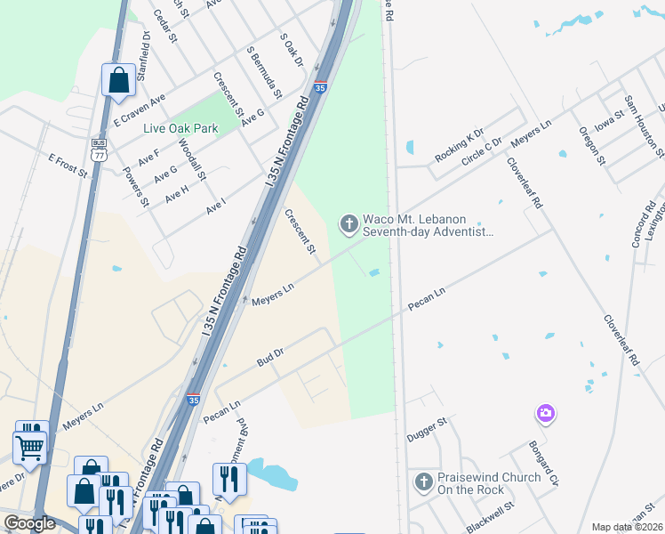 map of restaurants, bars, coffee shops, grocery stores, and more near 4225 Meyers Lane in Waco