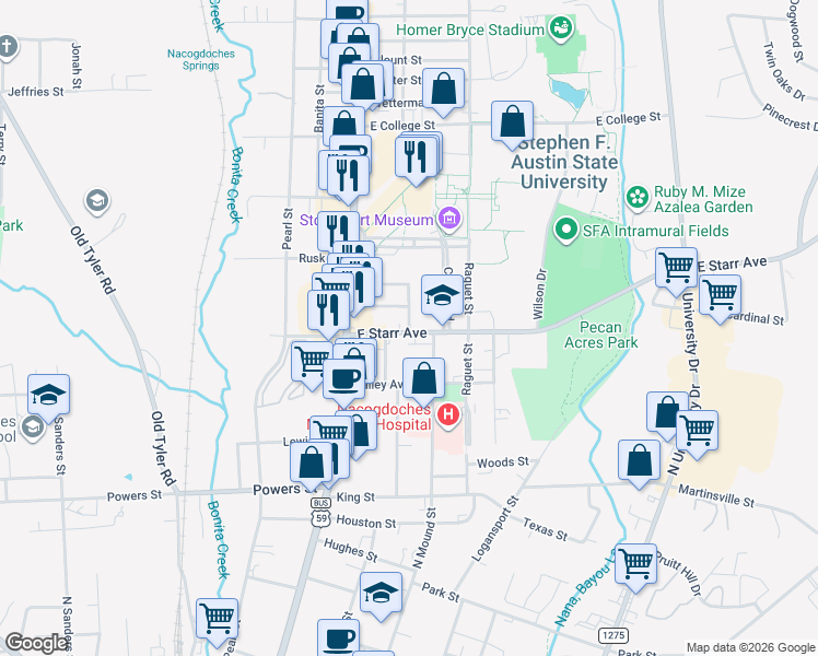 map of restaurants, bars, coffee shops, grocery stores, and more near 1417 North Mound Street in Nacogdoches