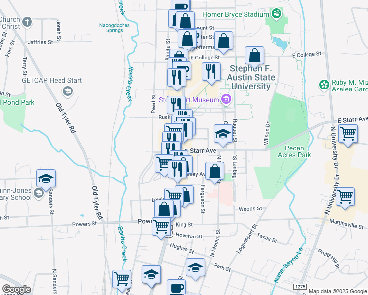 map of restaurants, bars, coffee shops, grocery stores, and more near 1605 North Street in Nacogdoches